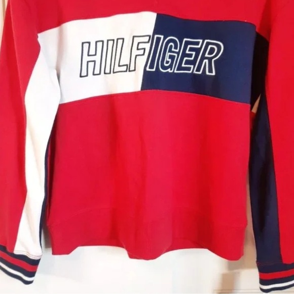 VTG TOMMY HILFIGER SPORT Red Crew Neck Color Block Pullover Terry Sweatshirt L - Picture 3 of 6